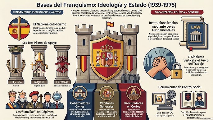 Infografía sobre las bases del franquismo (1939-1975) con ideología, estructura del Estado, gobernadores civiles, Ejército, Iglesia, Falange y mecanismos de control político y social en España.