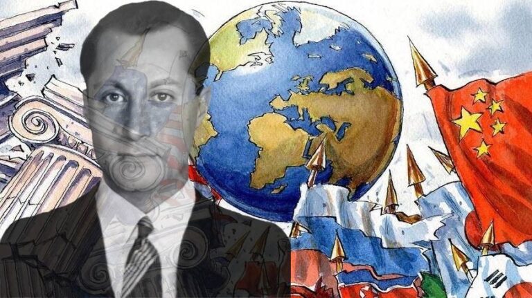 Ilustración alegórica en estilo acuarela que muestra un globo terráqueo en el centro, rodeado de banderas de distintas potencias y estructuras clásicas en ruinas, mientras lanzas y elementos simbólicos apuntan hacia el mundo, evocando tensiones ideológicas y conflictos globales.
