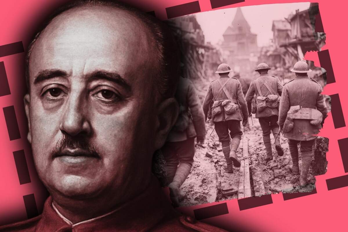 Montaje visual con un retrato en primer plano de un dirigente militar sobre fondo rojizo, acompañado a la derecha por una escena histórica de soldados caminando entre ruinas, evocando el contexto de guerra y conflicto.