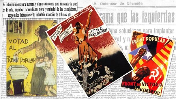 Montaje alegórico de propaganda del Frente Popular en 1936, con varios carteles superpuestos que muestran figuras obreras, una mujer con un niño votando, símbolos revolucionarios como la hoz y el martillo y mensajes políticos, todo sobre un fondo de periódicos de la época.