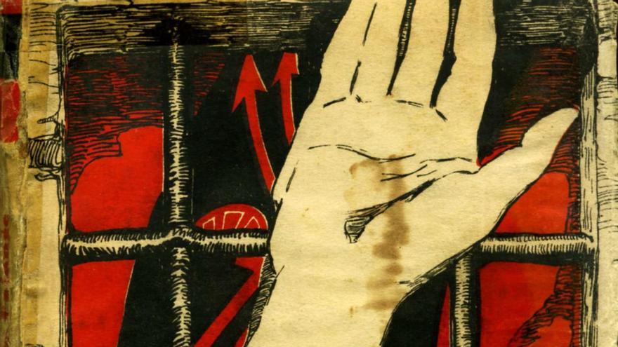 Ilustración de estilo gráfico con una mano abierta en primer plano frente a unos barrotes, sobre un fondo rojo con flechas negras ascendentes, en una composición simbólica.