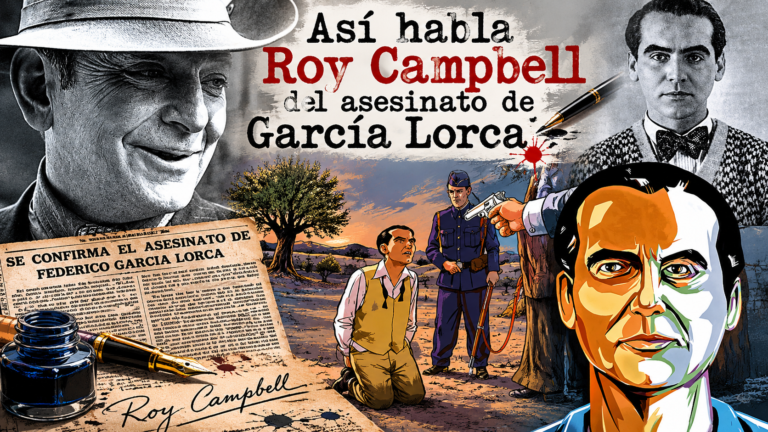 Montaje alegórico sobre Roy Campbell y sus polémicas declaraciones acerca del asesinato de Federico García Lorca durante la Guerra Civil española. La imagen combina retratos de Campbell y Lorca, recortes de prensa histórica y una recreación ilustrada del fusilamiento, reflejando la tensión política, cultural e ideológica de la España de 1936.