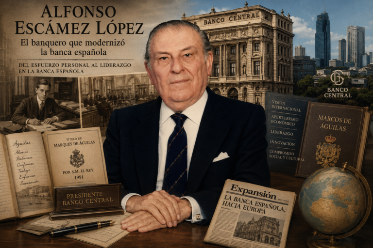 Imagen alegórica de Alfonso Escámez López, prestigioso banquero español y presidente del Banco Central durante dos décadas. El montaje combina su retrato con referencias visuales al sistema financiero, la expansión internacional de la banca española, los mercados europeos y su trayectoria profesional desde sus humildes comienzos en Águilas hasta convertirse en una de las personalidades económicas más relevantes del país. La composición simboliza el liderazgo, la modernización bancaria y la apertura económica que caracterizaron su gestión.