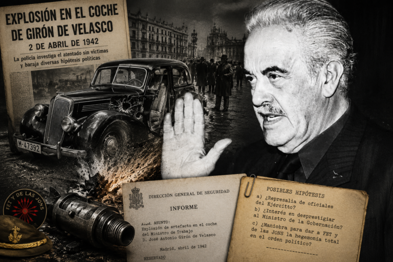 Fotomontaje alegórico sobre la extraña bomba en el coche de Girón de Velasco en 1942, con José Antonio Girón, documentos policiales, vehículo dañado e hipótesis sobre el atentado durante el primer franquismo.