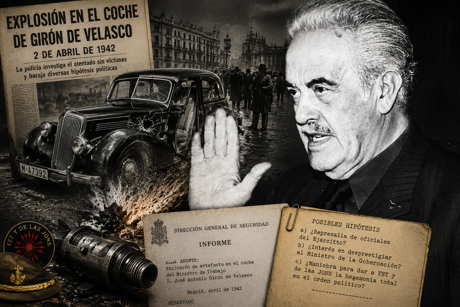 Fotomontaje alegórico sobre la extraña bomba en el coche de Girón de Velasco en 1942, con José Antonio Girón, documentos policiales, vehículo dañado e hipótesis sobre el atentado durante el primer franquismo.