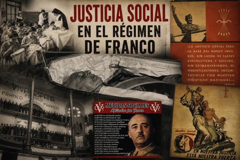 Montaje histórico sobre la Justicia Social durante el régimen de Franco, con carteles propagandísticos, imágenes de Auxilio Social, símbolos falangistas y referencias a las políticas sociales del franquismo.