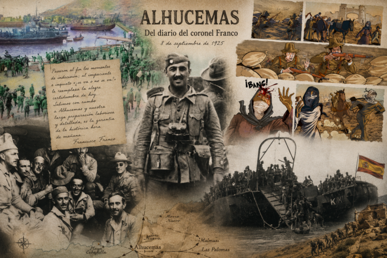 Collage histórico del desembarco de Alhucemas de 1925 con fotografías de Francisco Franco, tropas españolas, legionarios y escenas de combate en Marruecos, inspirado en el diario militar del coronel Franco durante la Guerra del Rif.