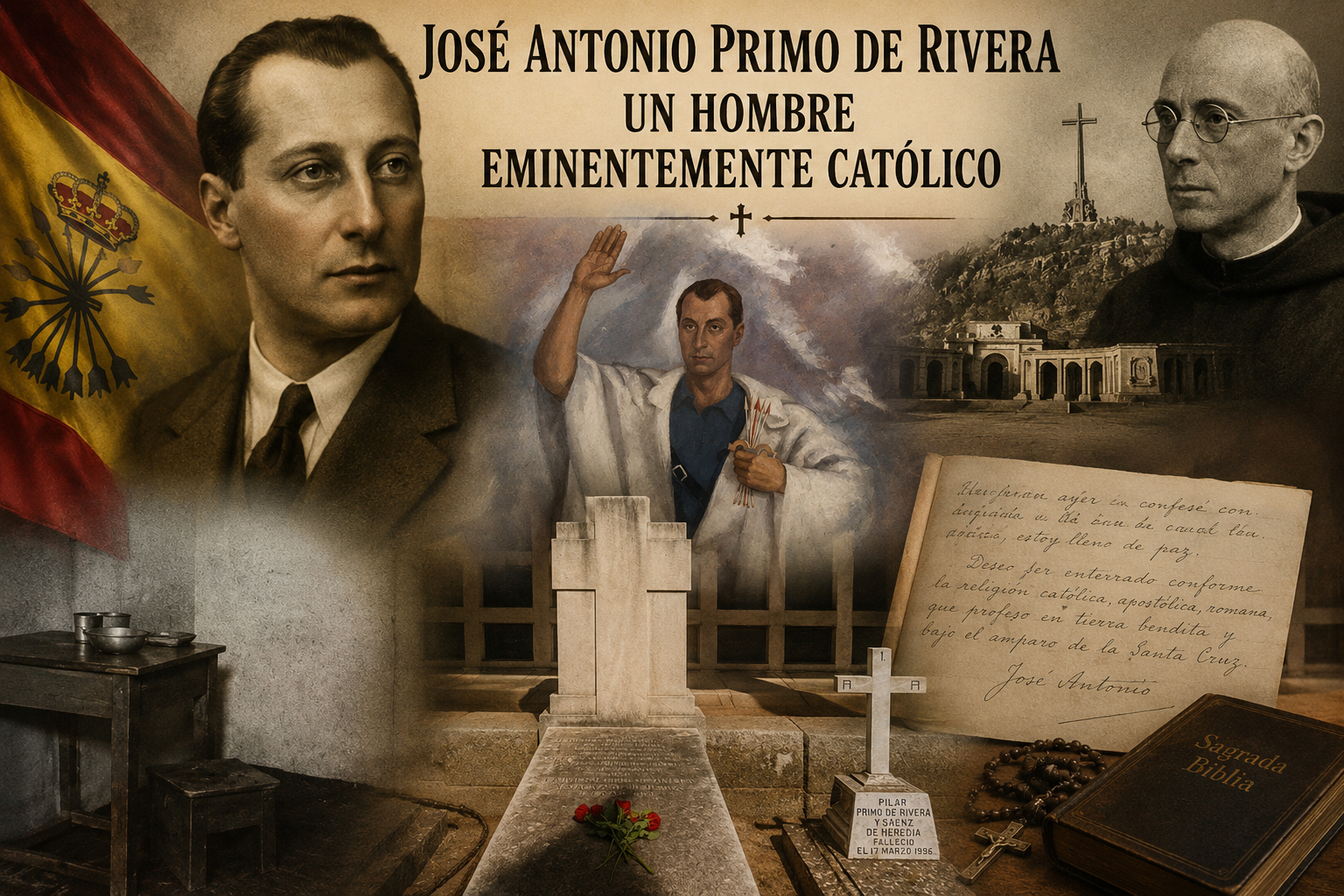 Composición alegórica sobre José Antonio Primo de Rivera y su dimensión católica, inspirada en el texto de Fray Justo Pérez de Urbel. La imagen reúne símbolos religiosos, retratos históricos, la tumba de José Antonio, una celda carcelaria y elementos espirituales que evocan su fe, su testamento y su visión trascendente de España. Una escena de estética sepia y tono histórico que representa la unión entre patriotismo, sacrificio y catolicismo en el pensamiento falangista.