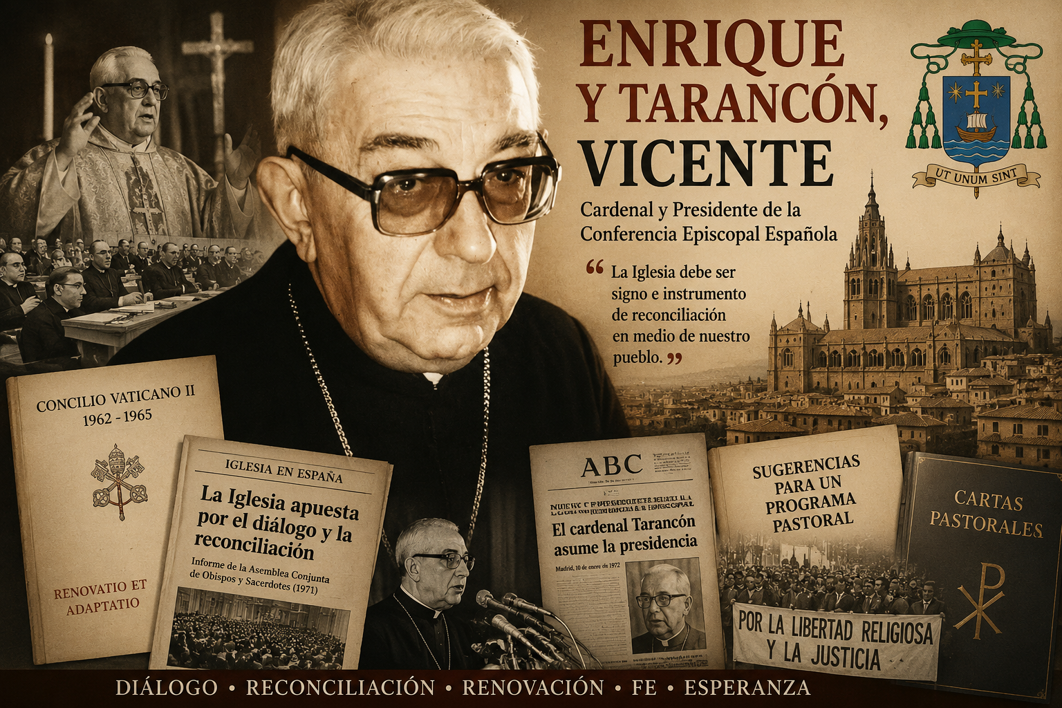 Fotomontaje histórico de Vicente Enrique y Tarancón con símbolos eclesiásticos, referencias al Concilio Vaticano II, la Conferencia Episcopal Española y la Transición democrática.