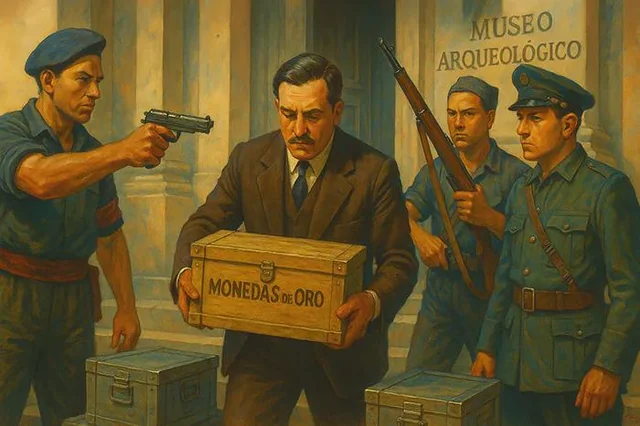 Expolio del Museo Arqueológico Nacional en 1936: milicianos armados obligan a retirar cajas con monedas de oro durante la Guerra Civil Española