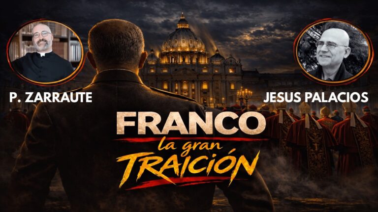 Imagen alegórica sobre la relación entre la Iglesia y Franco con el Vaticano al fondo, cardenales y el título “Franco la gran traición”.