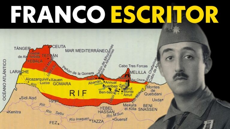 Francisco Franco joven junto a un mapa del Rif en Marruecos con la ubicación de Abarrán y posiciones militares, ilustrando su análisis sobre el error defensivo en la Guerra de Marruecos.