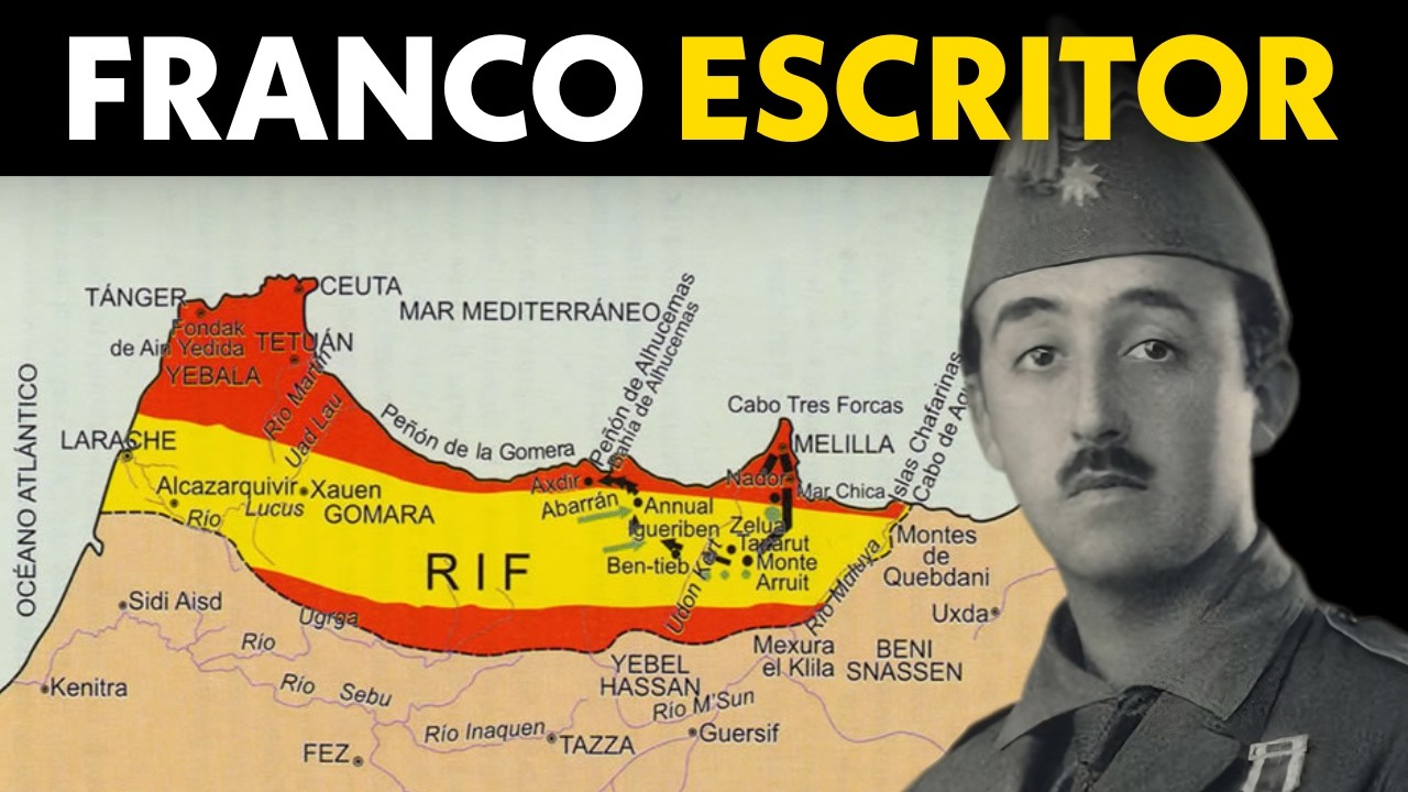 Francisco Franco joven junto a un mapa del Rif en Marruecos con la ubicación de Abarrán y posiciones militares, ilustrando su análisis sobre el error defensivo en la Guerra de Marruecos.