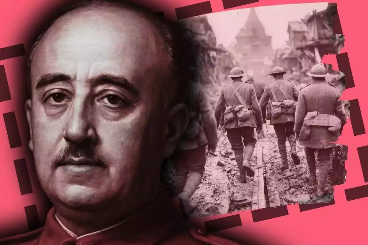 Francisco Franco en primer plano con escena de soldados en la Guerra Civil Española al fondo, representación del liderazgo militar desde Salamanca