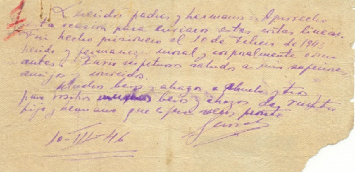 Primer escrito del capitán Gerardo Oroquieta a su familia, 10-3-1946, sacado dentro de unapastilla de jabón. Fondo familia Oroquieta