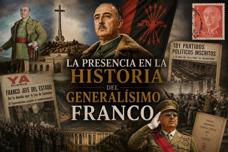 Collage histórico sobre la presencia de Francisco Franco en la Historia de España, con retratos del Generalísimo, imágenes de época y elementos simbólicos del franquismo.