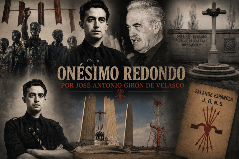 Composición alegórica sobre Onésimo Redondo con retratos históricos, monumentos conmemorativos y símbolos vinculados a la Falange Española de las JONS, ilustrando el artículo «Onésimo Redondo. Por José Antonio Girón de Velasco».