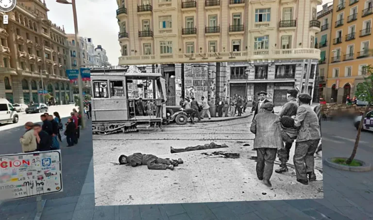 Fotomontaje de la calle Montera de Madrid que superpone una fotografía histórica de la Guerra Civil con víctimas y civiles durante la violencia en la retaguardia republicana.
