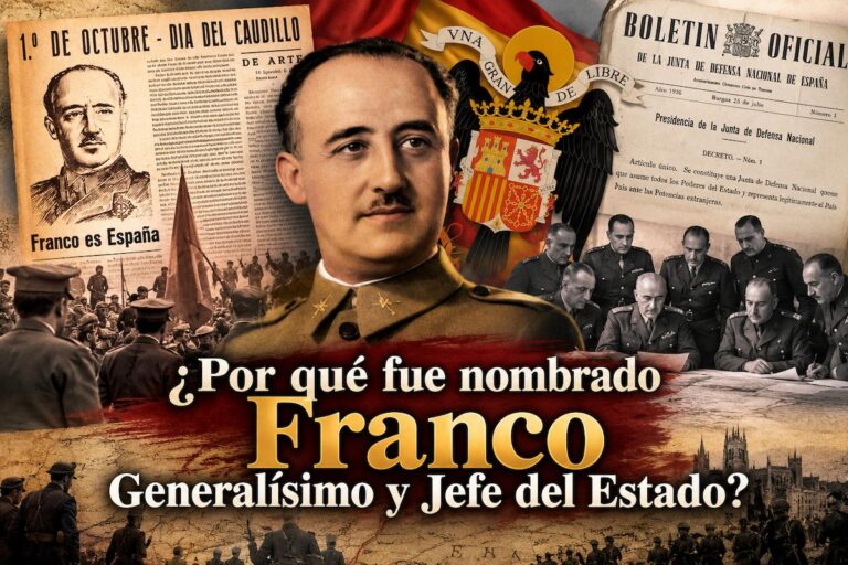 Francisco Franco y su nombramiento como Generalísimo y Jefe del Estado en 1936, junto a documentos oficiales, prensa histórica y símbolos del bando sublevado.