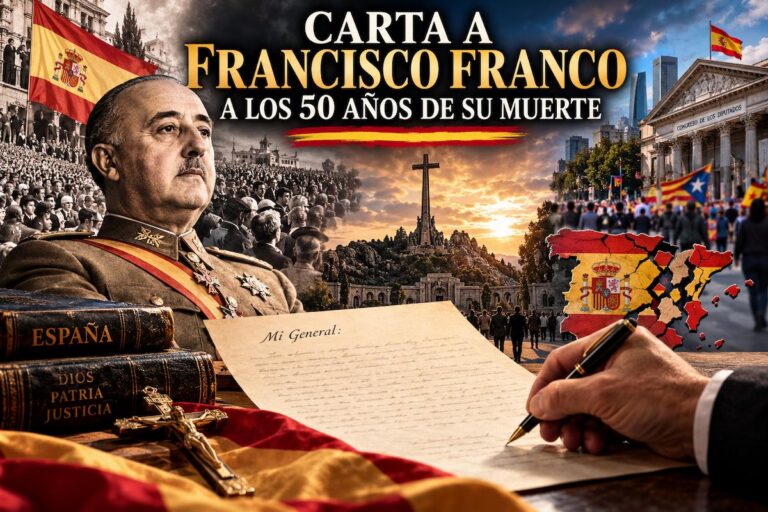 Composición alegórica de Francisco Franco junto a una carta histórica, la bandera de España y símbolos religiosos y políticos, con motivo del 50 aniversario de su muerte.