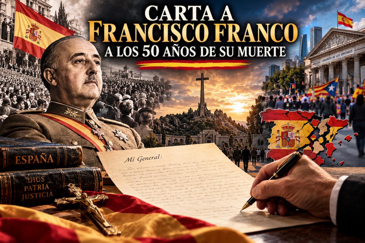 Composición alegórica de Francisco Franco junto a una carta histórica, la bandera de España y símbolos religiosos y políticos, con motivo del 50 aniversario de su muerte.