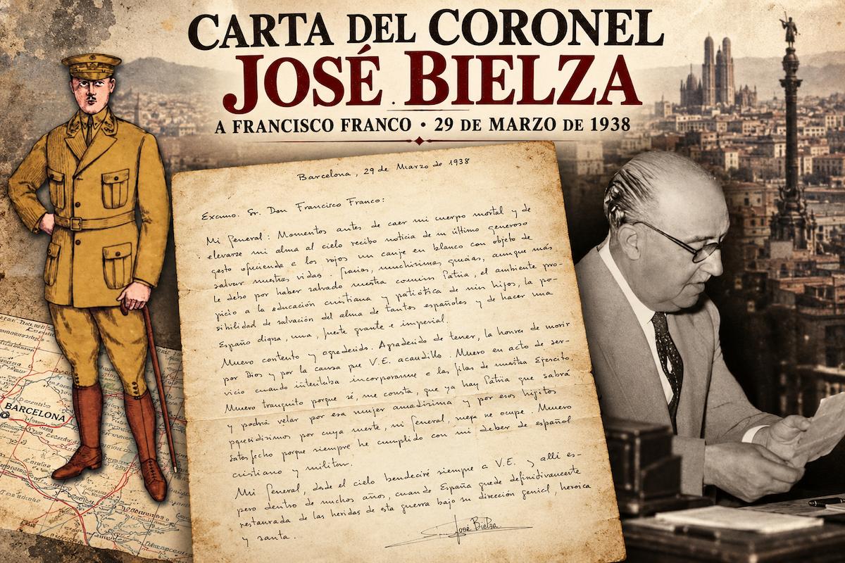 Carta manuscrita atribuida a José Bielza dirigida a Francisco Franco el 29 de marzo de 1938, junto a la ilustración de un militar, un mapa histórico y la imagen de un hombre leyendo documentos.