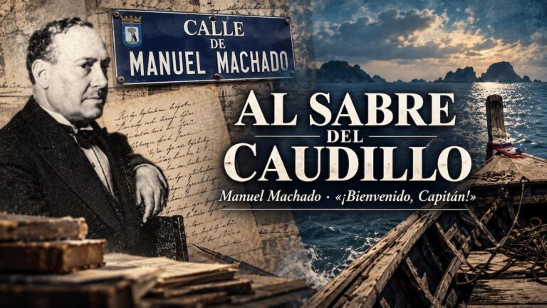 Retrato de Manuel Machado junto a una placa con su nombre, manuscritos antiguos y un paisaje marítimo, con el título «Al sable del Caudillo» y referencia al poema «¡Bienvenido, Capitán!».