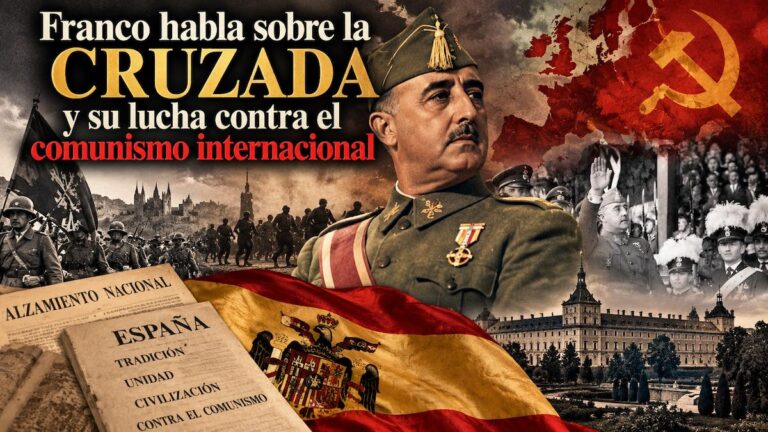 Montaje histórico de Francisco Franco sobre la Cruzada, el Alzamiento Nacional y su discurso contra el comunismo internacional.