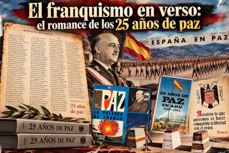 Collage histórico sobre el franquismo y los 25 años de paz, con el poema Romance histórico, carteles propagandísticos, imágenes de la España franquista y referencias a Francisco Franco.