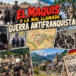 Ilustración del maquis y la llamada guerra antifranquista, con guerrilleros armados, tropas a caballo y escenas de la lucha en los montes españoles.