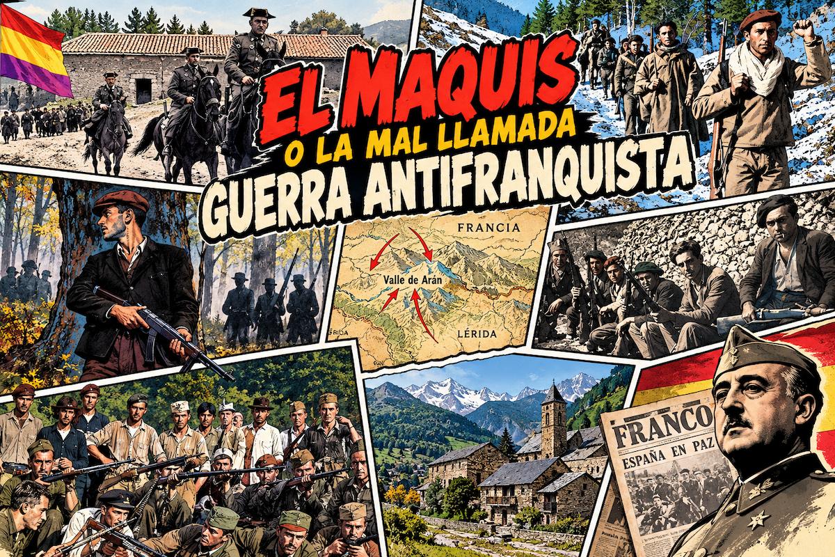 Ilustración del maquis y la llamada guerra antifranquista, con guerrilleros armados, tropas a caballo y escenas de la lucha en los montes españoles.
