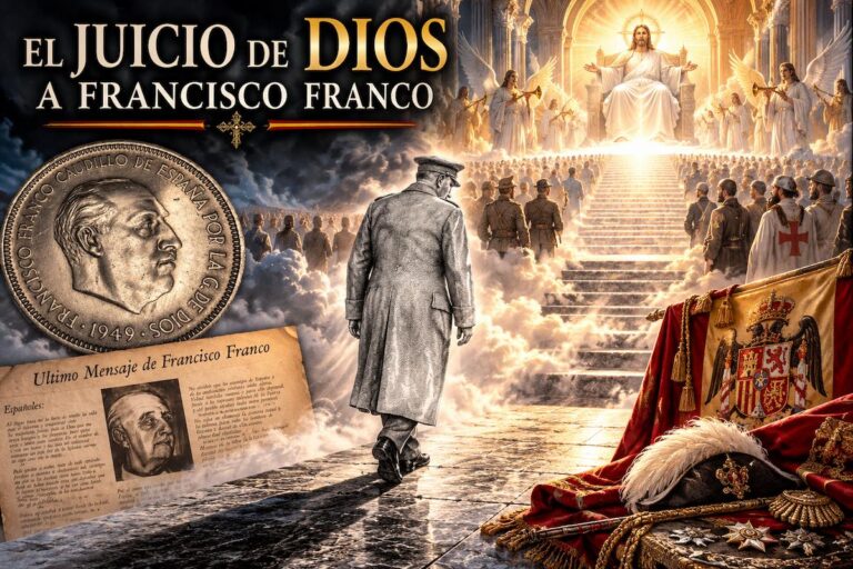 Francisco Franco camina hacia el juicio de Dios en una composición alegórica con una escalinata celestial, símbolos religiosos y recuerdos históricos de su vida.