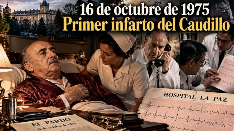 Montaje histórico sobre el primer infarto de Francisco Franco el 16 de octubre de 1975 en el Palacio de El Pardo, con personal médico y un electrocardiograma.