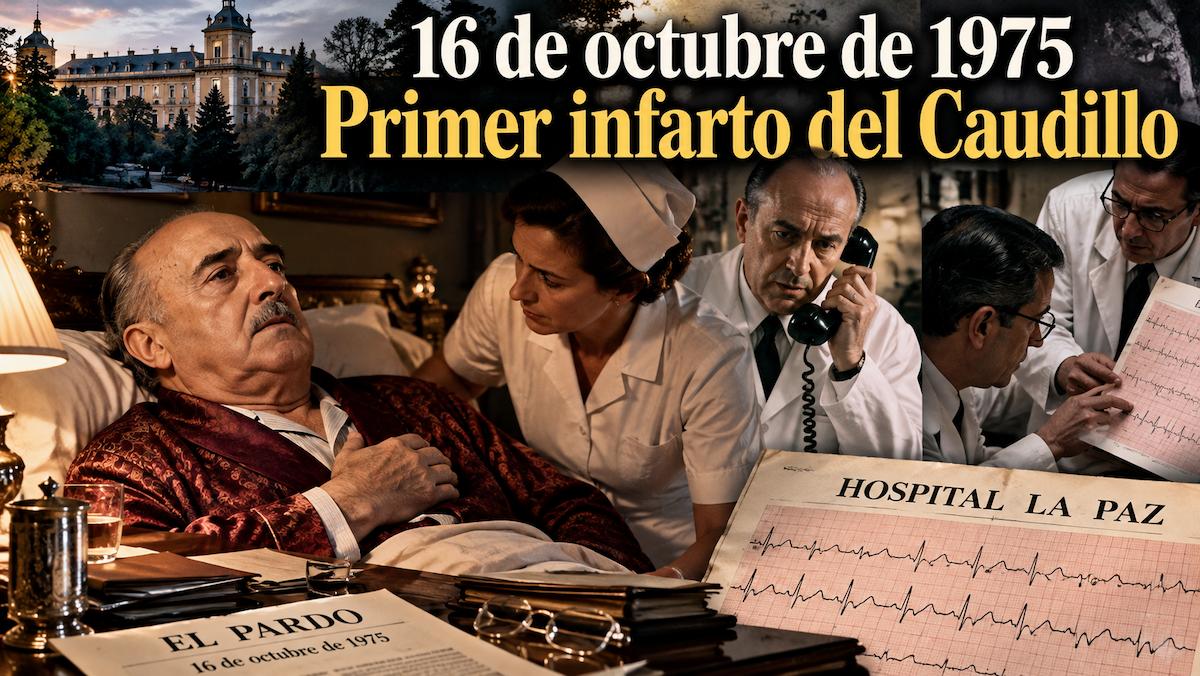 Montaje histórico sobre el primer infarto de Francisco Franco el 16 de octubre de 1975 en el Palacio de El Pardo, con personal médico y un electrocardiograma.