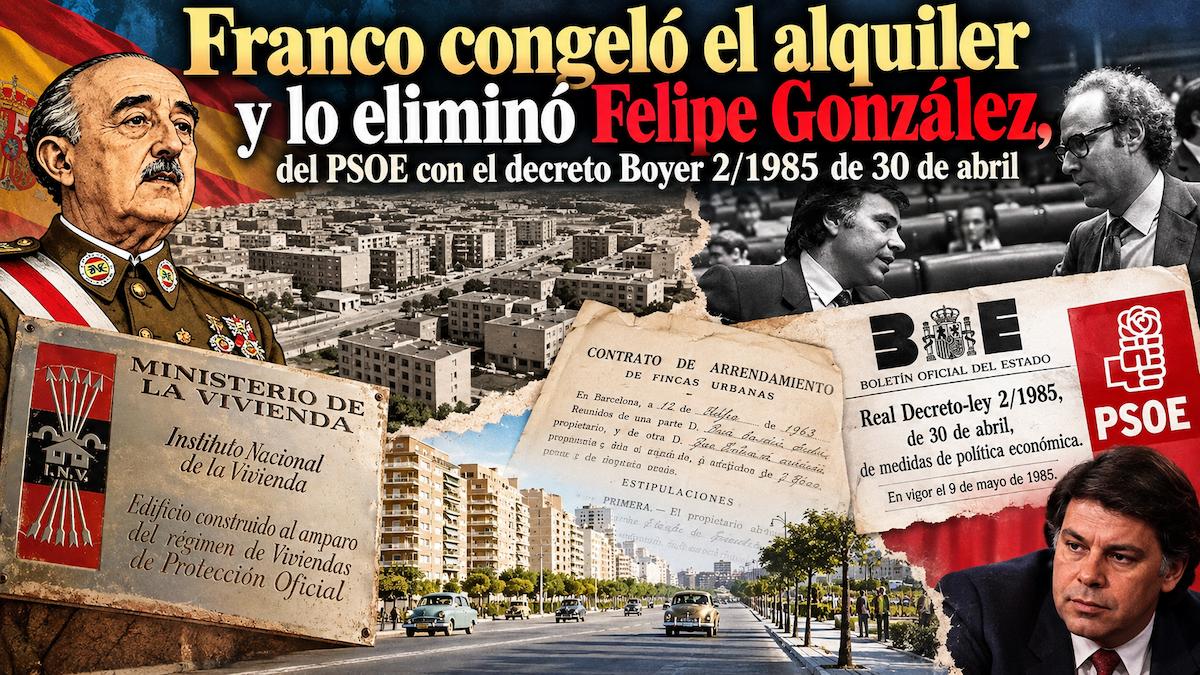 Texto alternativo (ALT): Franco, Felipe González y Miguel Boyer junto a viviendas sociales, un contrato de alquiler de 1963 y la legislación de arrendamientos urbanos en España.