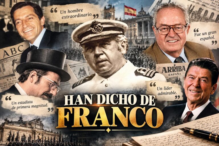 Collage histórico sobre Francisco Franco con retratos de distintas personalidades, fotografías de época, periódicos antiguos y el título «Han dicho de Franco».