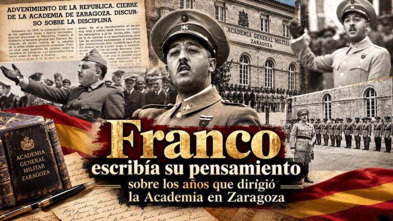 Francisco Franco durante su etapa al frente de la Academia General Militar de Zaragoza, junto a imágenes históricas de cadetes, instalaciones militares y escritos sobre su pensamiento político y militar.
