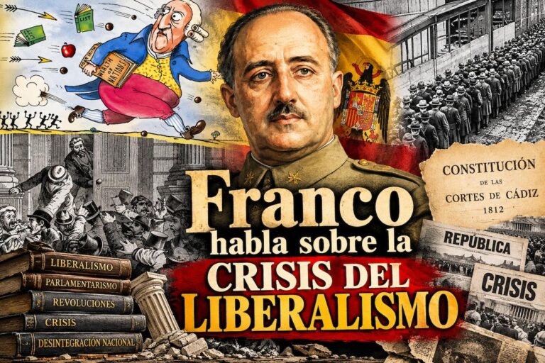 Franco habla sobre la crisis del liberalismo, con imágenes históricas de la inestabilidad política, el desempleo y las crisis parlamentarias en España.
