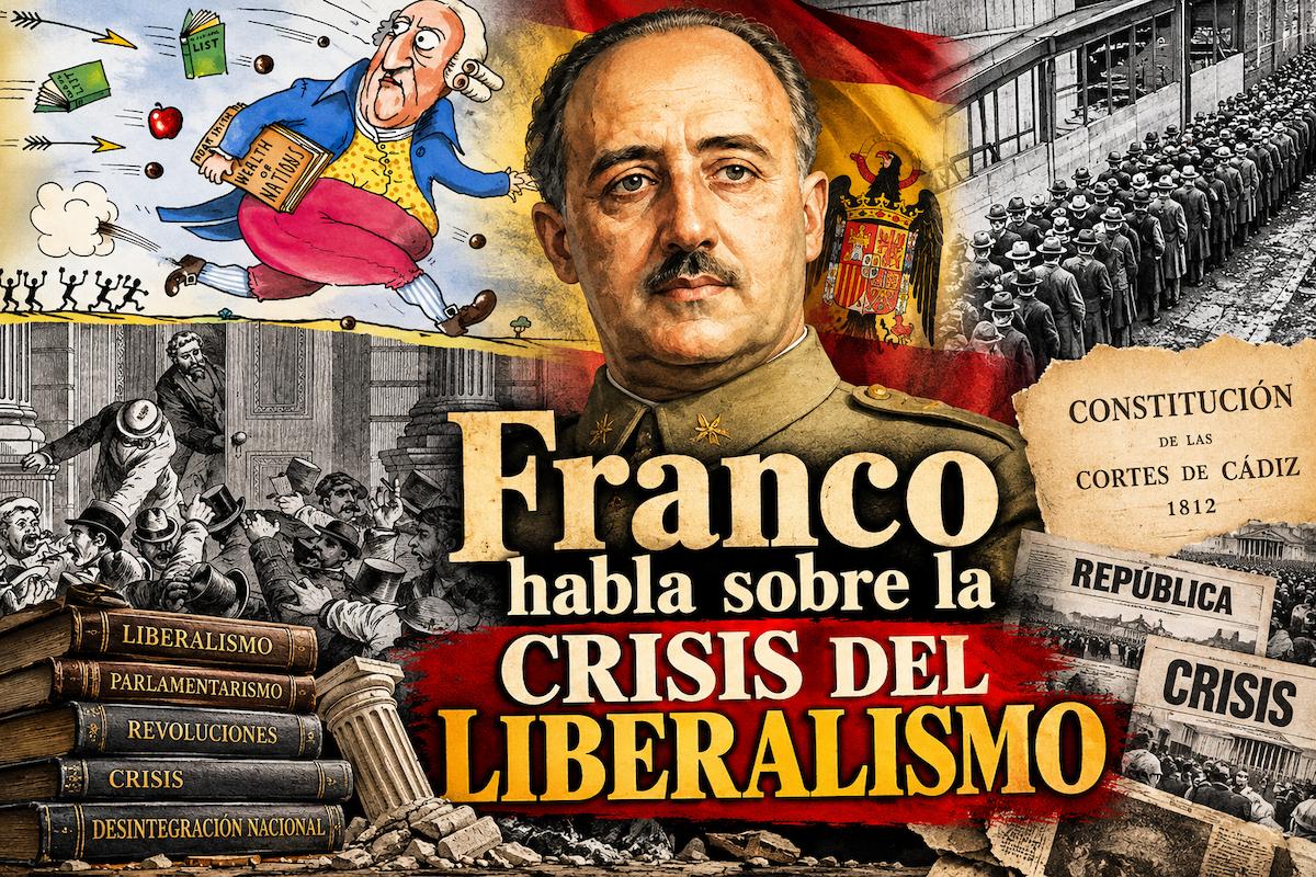 Franco habla sobre la crisis del liberalismo, con imágenes históricas de la inestabilidad política, el desempleo y las crisis parlamentarias en España.