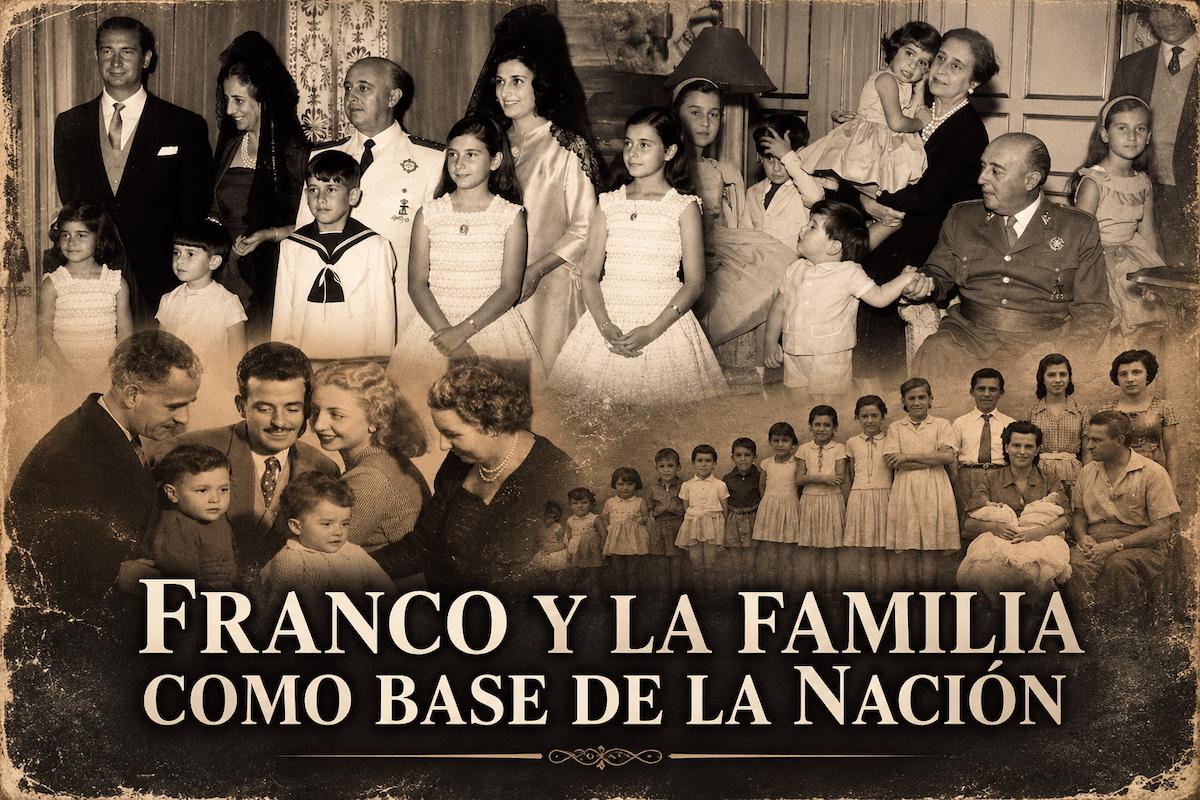 Collage histórico de Francisco Franco y varias familias españolas con el título «Franco y la familia como base de la Nación».