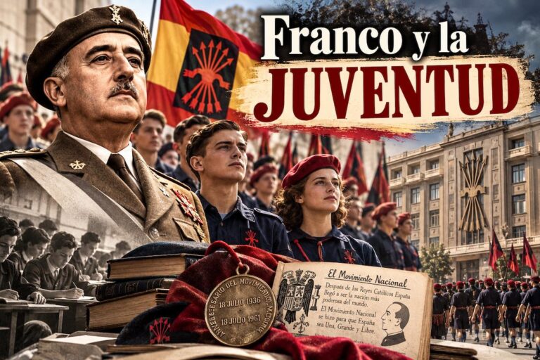 Francisco Franco y la juventud española durante el franquismo, con imágenes del Frente de Juventudes, símbolos del Movimiento Nacional y educación juvenil.