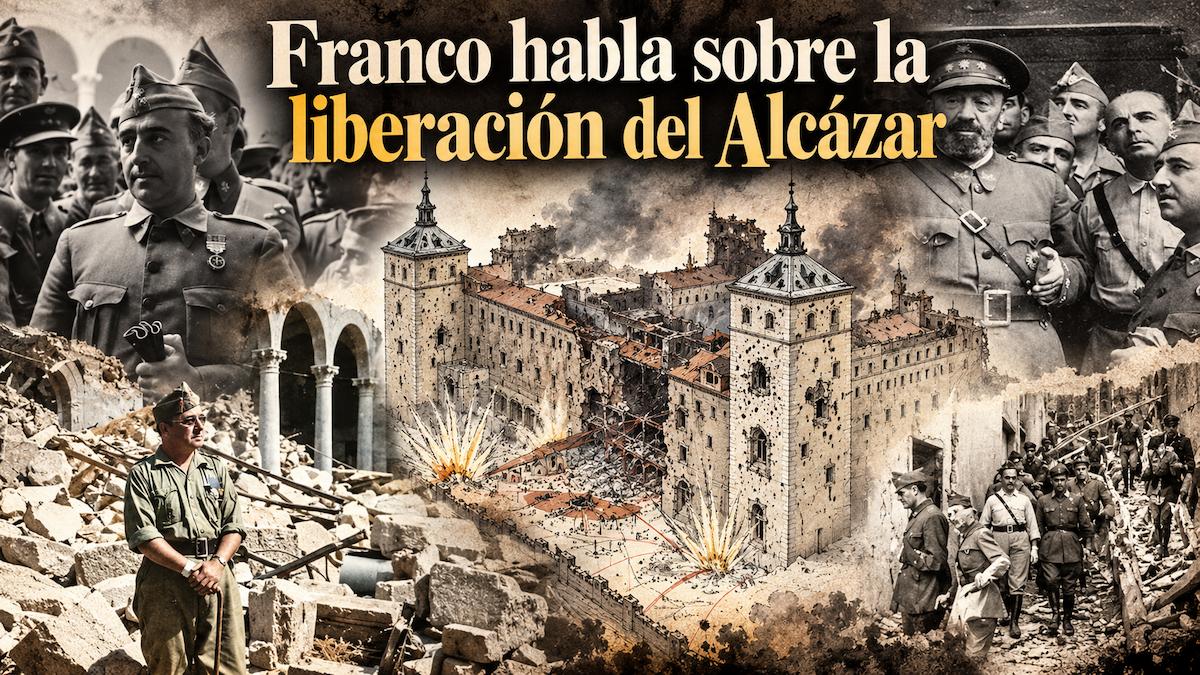 Francisco Franco y militares sublevados ante el Alcázar de Toledo durante la Guerra Civil española, en una composición histórica sobre su liberación en 1936.