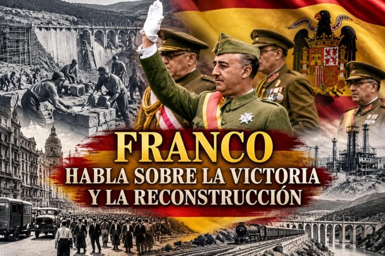 Francisco Franco saluda vestido de uniforme militar en una composición histórica sobre la victoria y la reconstrucción de España.
