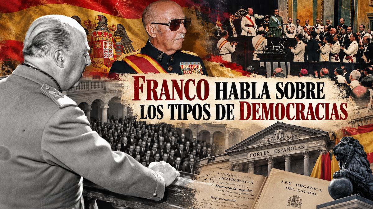 Fotomontaje histórico de Francisco Franco y las Cortes Españolas sobre los tipos de democracia durante el franquismo