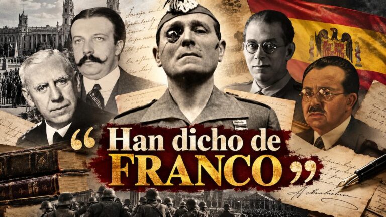 Fotomontaje histórico de Francisco Franco junto a personajes destacados de su época, con documentos antiguos y el título «Han dicho de Franco», un artículo sobre frases y testimonios históricos acerca del general Franco.