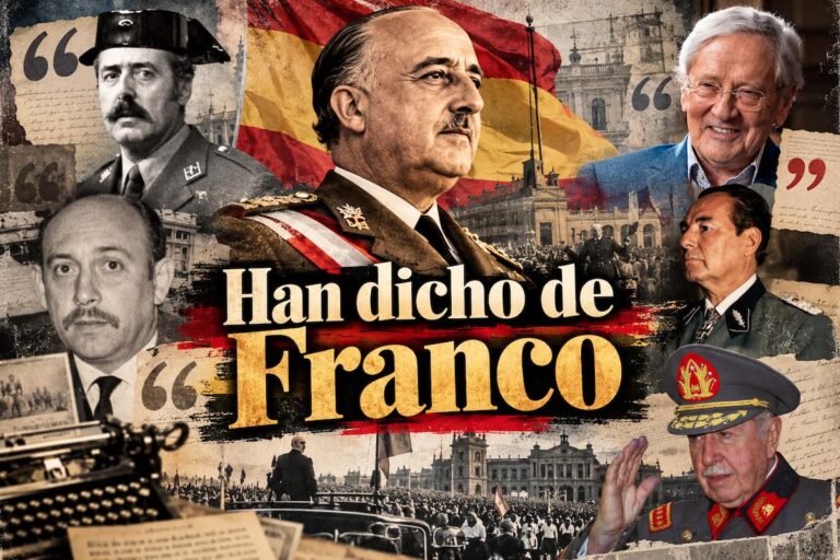 Collage histórico de Francisco Franco y varios personajes vinculados a su época para ilustrar frases y opiniones sobre el general y su figura histórica.