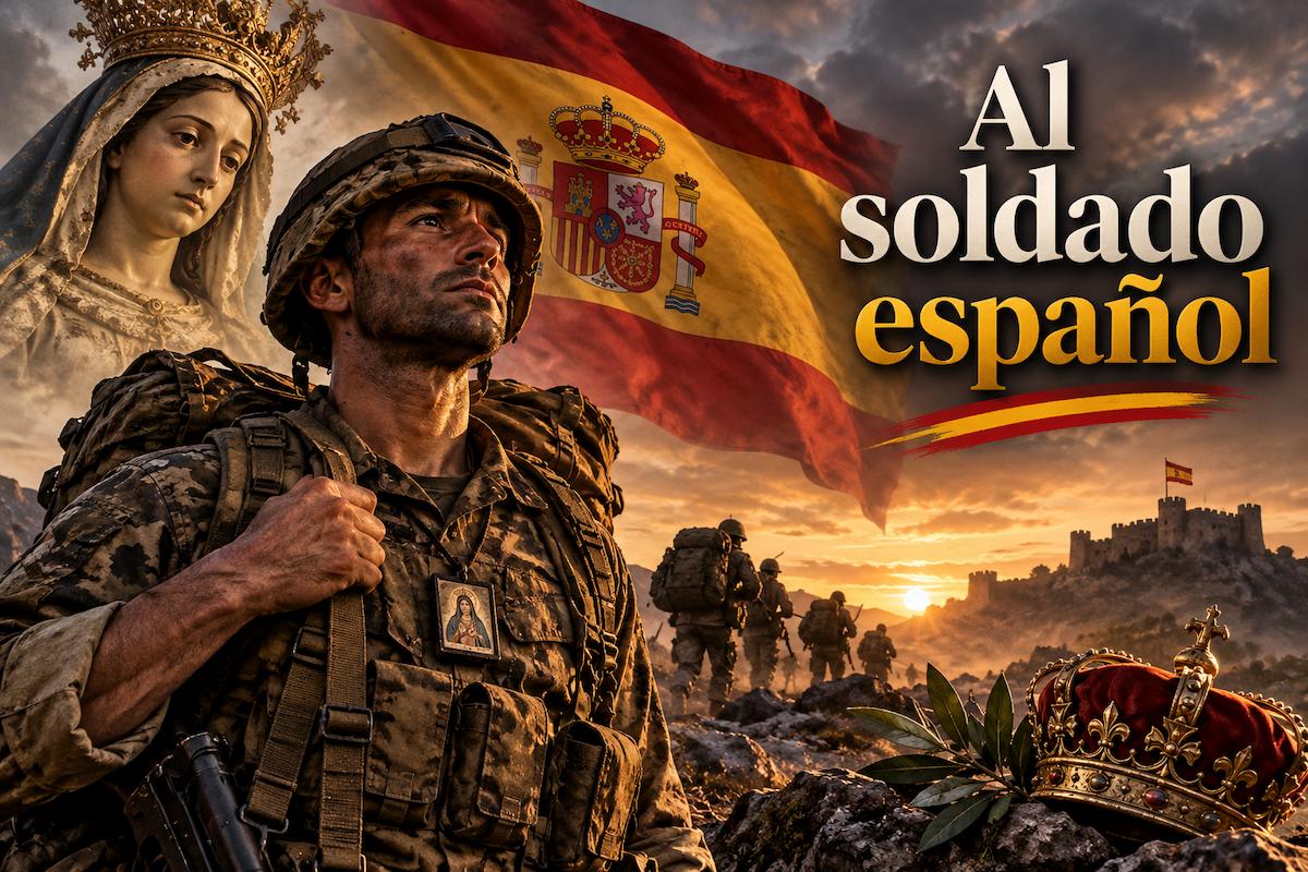 Soldado español en el campo de batalla con la bandera de España y la Virgen María, símbolo de valor, fe y sacrificio por la patria.