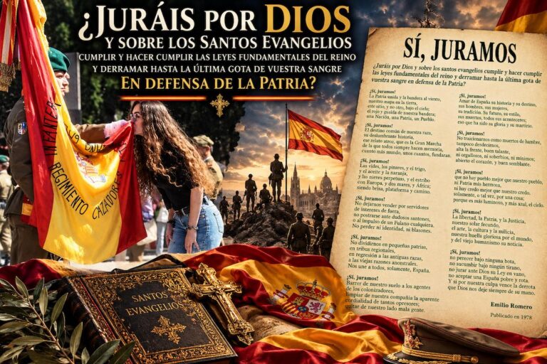 Composición alegórica del juramento por Dios y los santos evangelios, con una bandera española, una ceremonia militar y el poema Sí, juramos de Emilio Romero.
