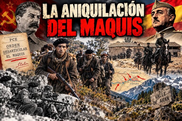 Ilustración histórica sobre la aniquilación del maquis español, con guerrilleros armados, Stalin, Franco y tropas de la Guardia Civil en la posguerra.