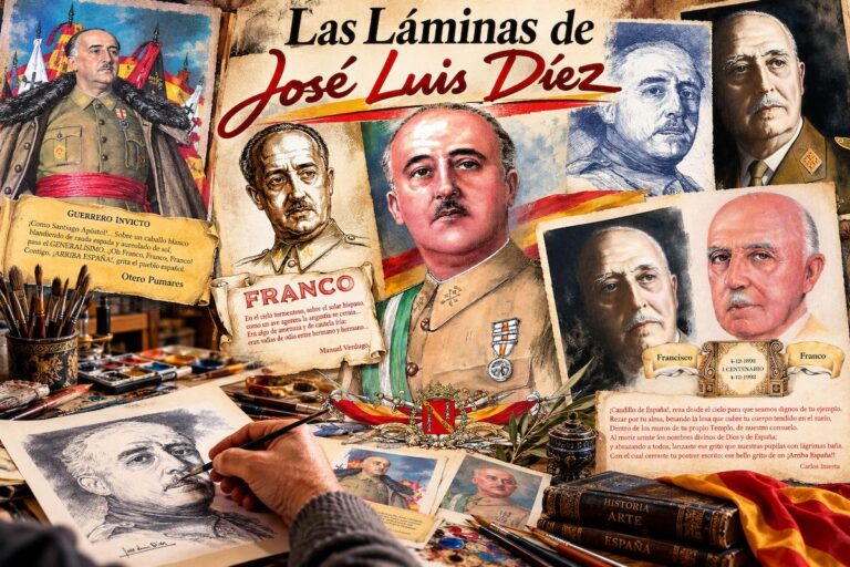 Collage de las láminas artísticas de José Luis Díez con retratos ilustrados de Francisco Franco, uniformes militares, composiciones históricas y textos poéticos.